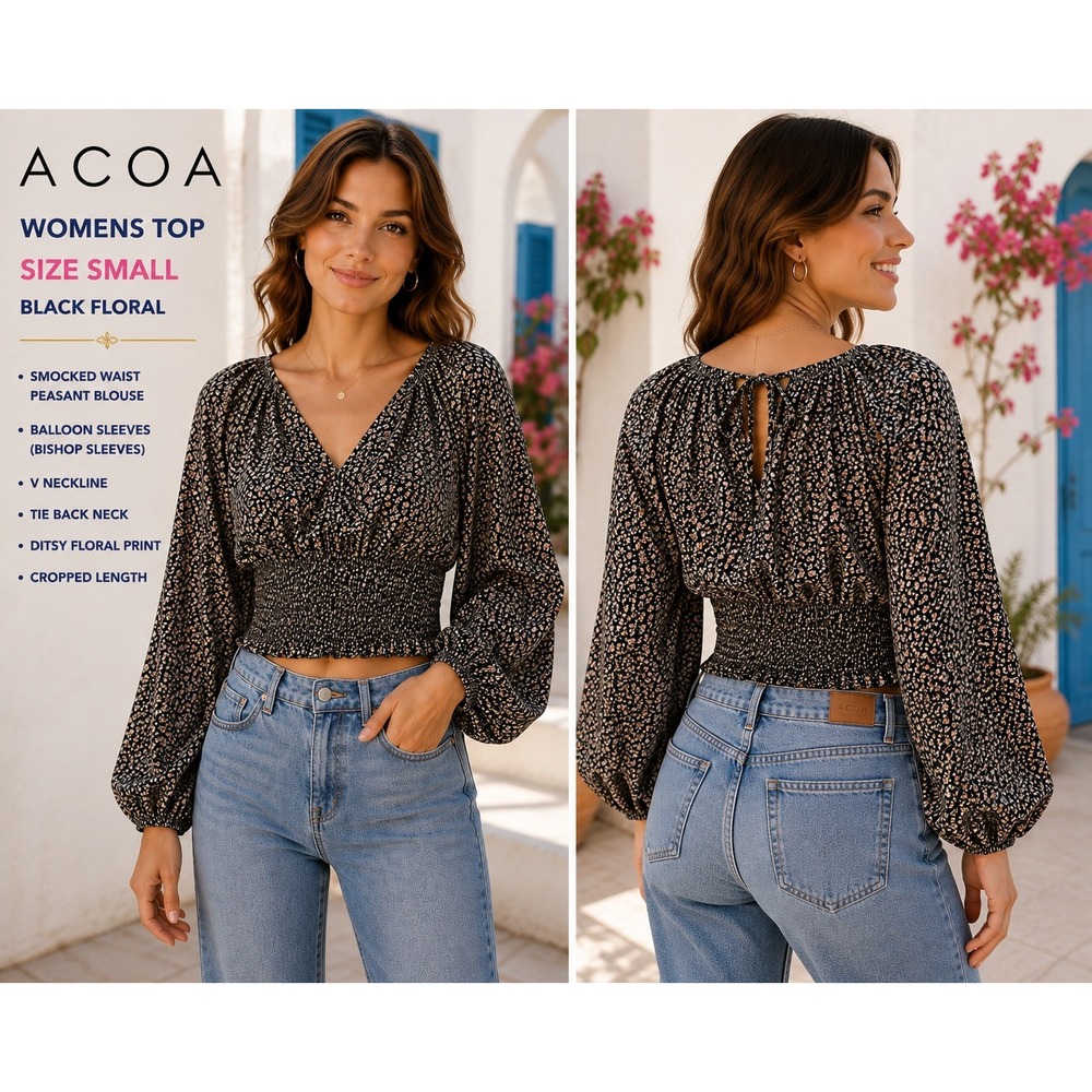 ACOA Womens S Black Floral Smocked Crop Peasant Blouse Balloon Sleeve VNeck 1842